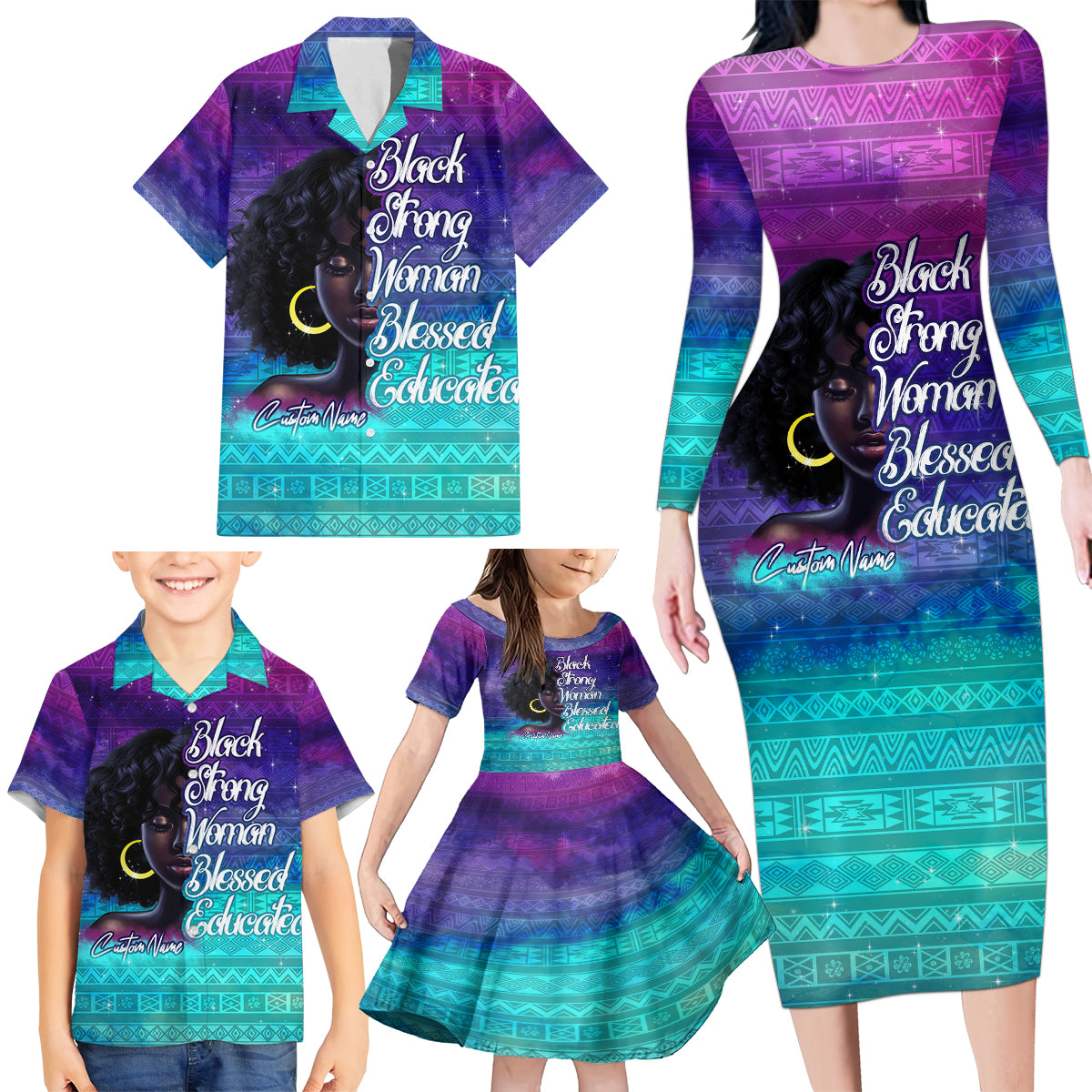 Black Strong Women Blessed Educated Family Matching Long Sleeve Bodycon Dress and Hawaiian Shirt African Girl - Wonder Print Shop