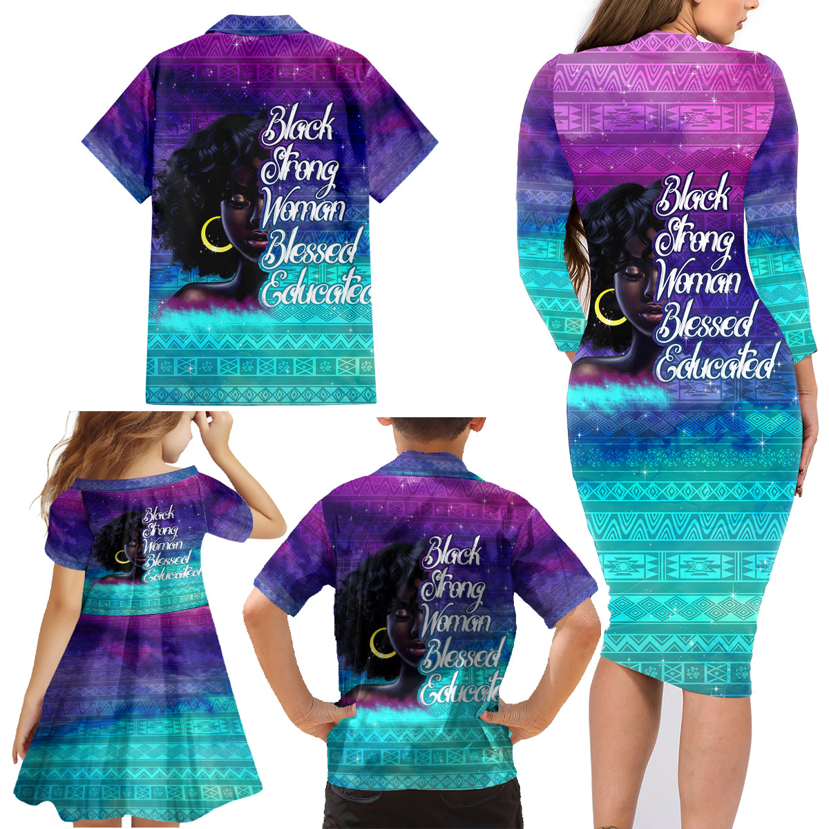 Black Strong Women Blessed Educated Family Matching Long Sleeve Bodycon Dress and Hawaiian Shirt African Girl - Wonder Print Shop