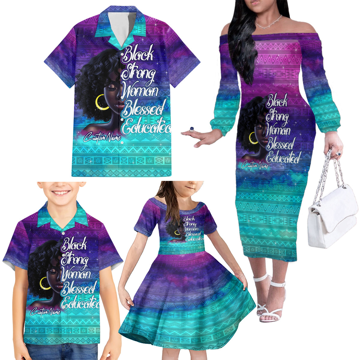 Black Strong Women Blessed Educated Family Matching Off Shoulder Long Sleeve Dress and Hawaiian Shirt African Girl - Wonder Print Shop