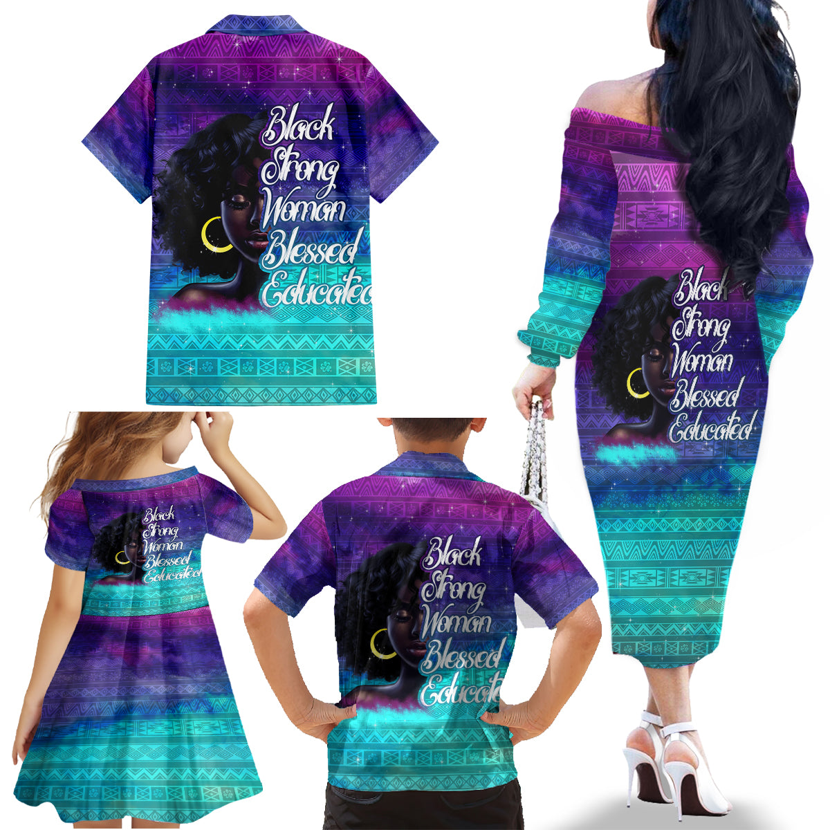 Black Strong Women Blessed Educated Family Matching Off Shoulder Long Sleeve Dress and Hawaiian Shirt African Girl - Wonder Print Shop