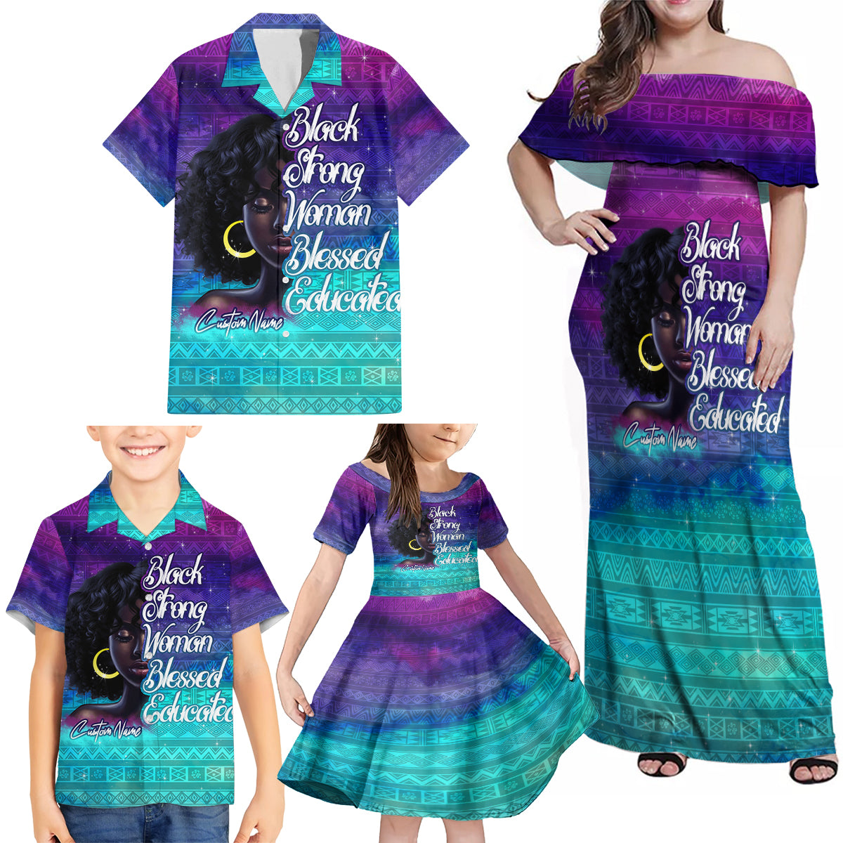 Black Strong Women Blessed Educated Family Matching Off Shoulder Maxi Dress and Hawaiian Shirt African Girl - Wonder Print Shop