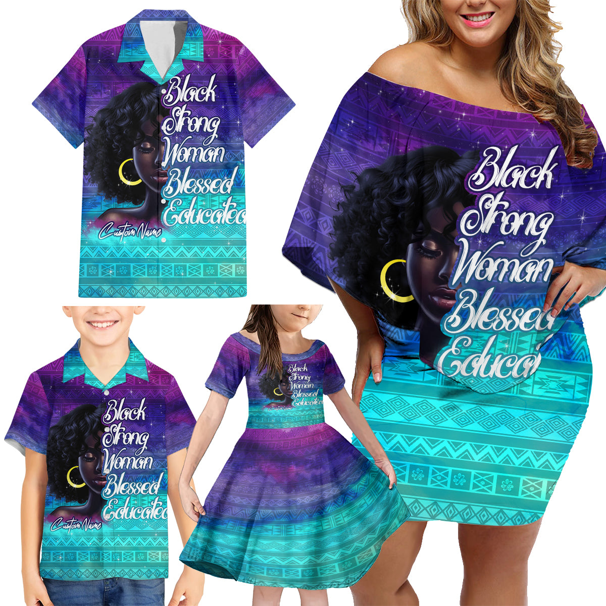 Black Strong Women Blessed Educated Family Matching Off Shoulder Short Dress and Hawaiian Shirt African Girl - Wonder Print Shop