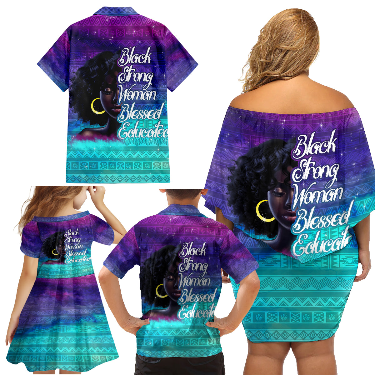 Black Strong Women Blessed Educated Family Matching Off Shoulder Short Dress and Hawaiian Shirt African Girl - Wonder Print Shop