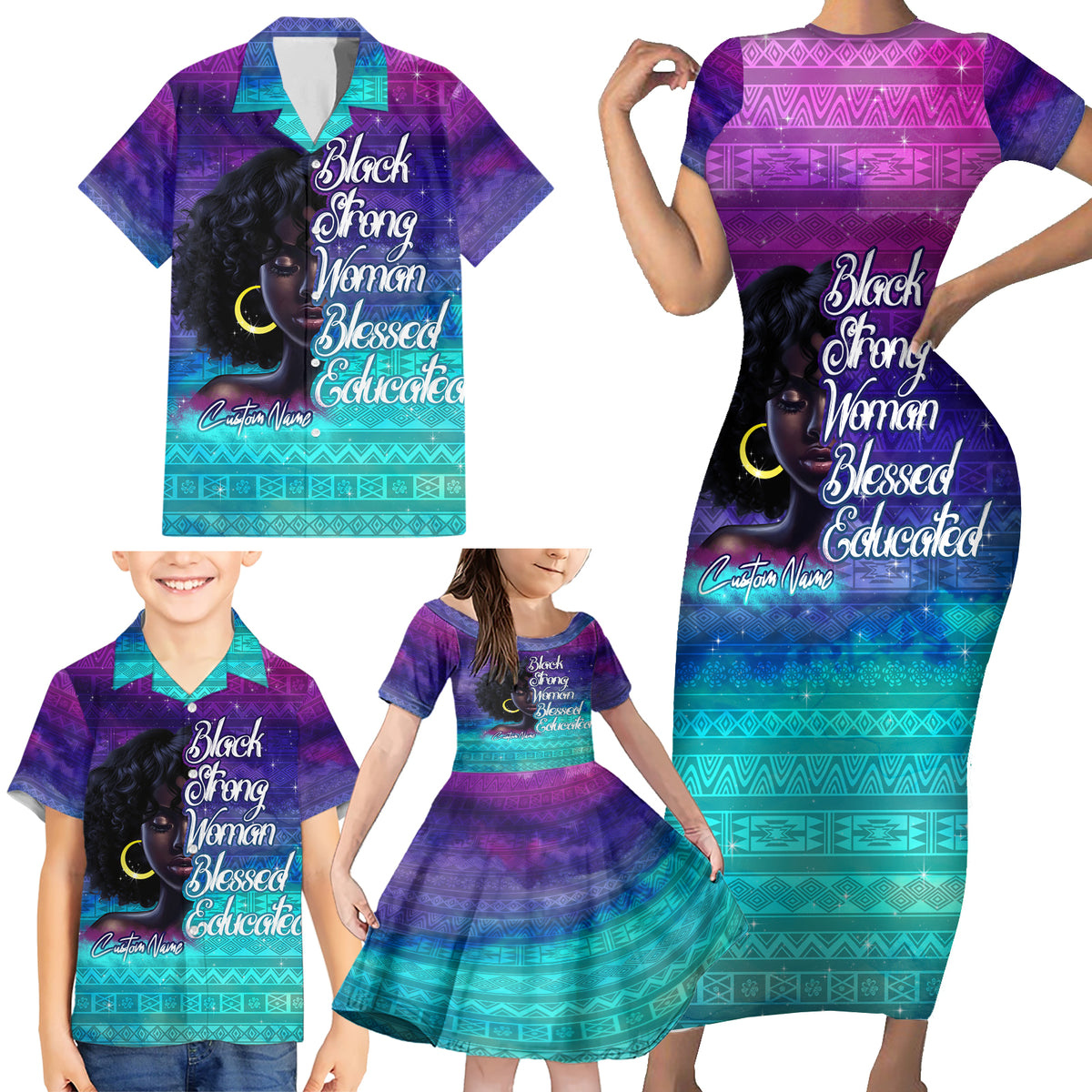 Black Strong Women Blessed Educated Family Matching Short Sleeve Bodycon Dress and Hawaiian Shirt African Girl - Wonder Print Shop