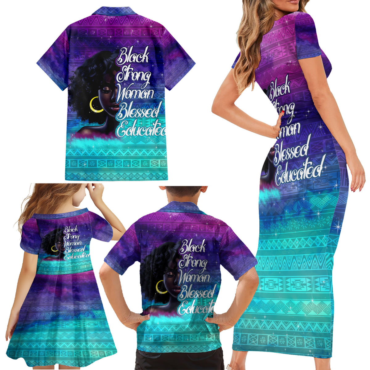 Black Strong Women Blessed Educated Family Matching Short Sleeve Bodycon Dress and Hawaiian Shirt African Girl - Wonder Print Shop