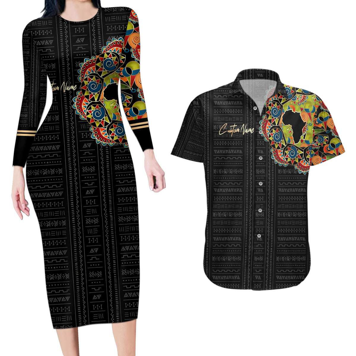 Personalized Sleeve African Pattern Couples Matching Long Sleeve Bodycon Dress and Hawaiian Shirt Multi-Colored - Wonder Print Shop