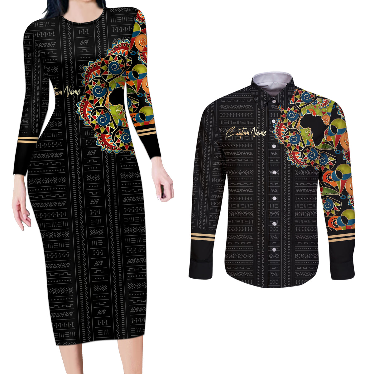 Personalized Sleeve African Pattern Couples Matching Long Sleeve Bodycon Dress and Long Sleeve Button Shirt Multi-Colored - Wonder Print Shop