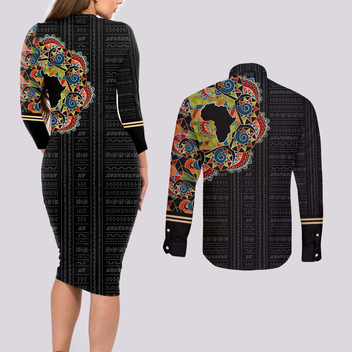 Personalized Sleeve African Pattern Couples Matching Long Sleeve Bodycon Dress and Long Sleeve Button Shirt Multi-Colored - Wonder Print Shop
