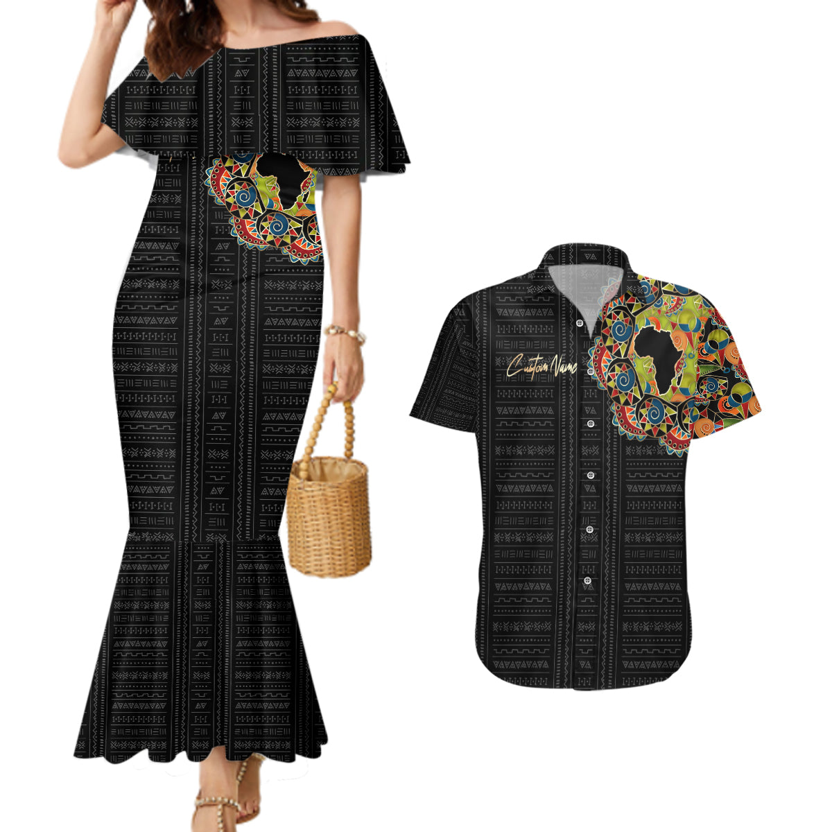 Personalized Sleeve African Pattern Couples Matching Mermaid Dress and Hawaiian Shirt Multi-Colored - Wonder Print Shop