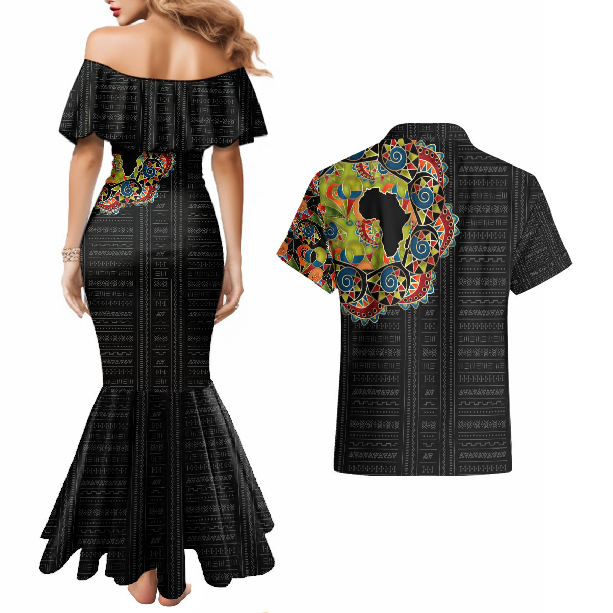 Personalized Sleeve African Pattern Couples Matching Mermaid Dress and Hawaiian Shirt Multi-Colored - Wonder Print Shop