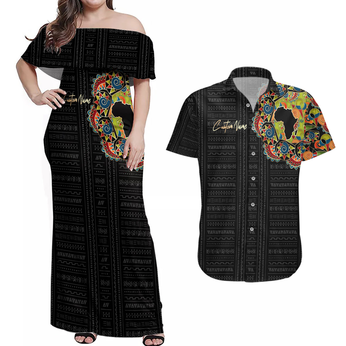 Personalized Sleeve African Pattern Couples Matching Off Shoulder Maxi Dress and Hawaiian Shirt Multi-Colored - Wonder Print Shop