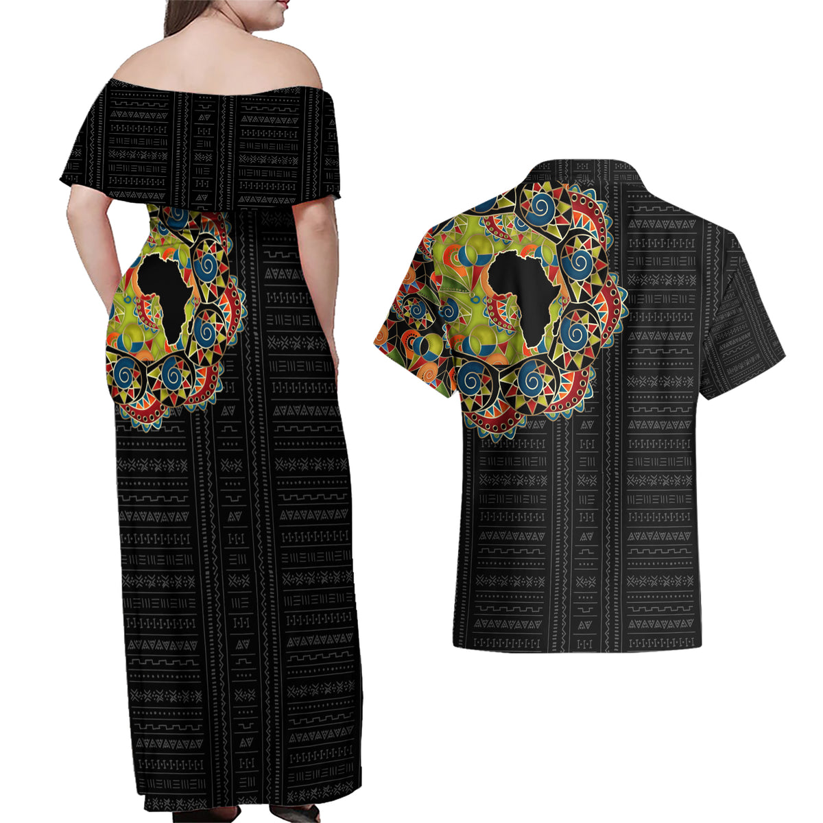 Personalized Sleeve African Pattern Couples Matching Off Shoulder Maxi Dress and Hawaiian Shirt Multi-Colored - Wonder Print Shop