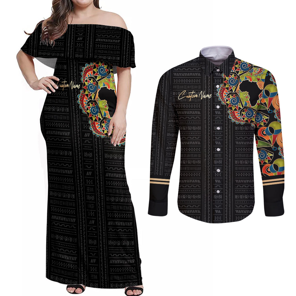 Personalized Sleeve African Pattern Couples Matching Off Shoulder Maxi Dress and Long Sleeve Button Shirt Multi-Colored - Wonder Print Shop