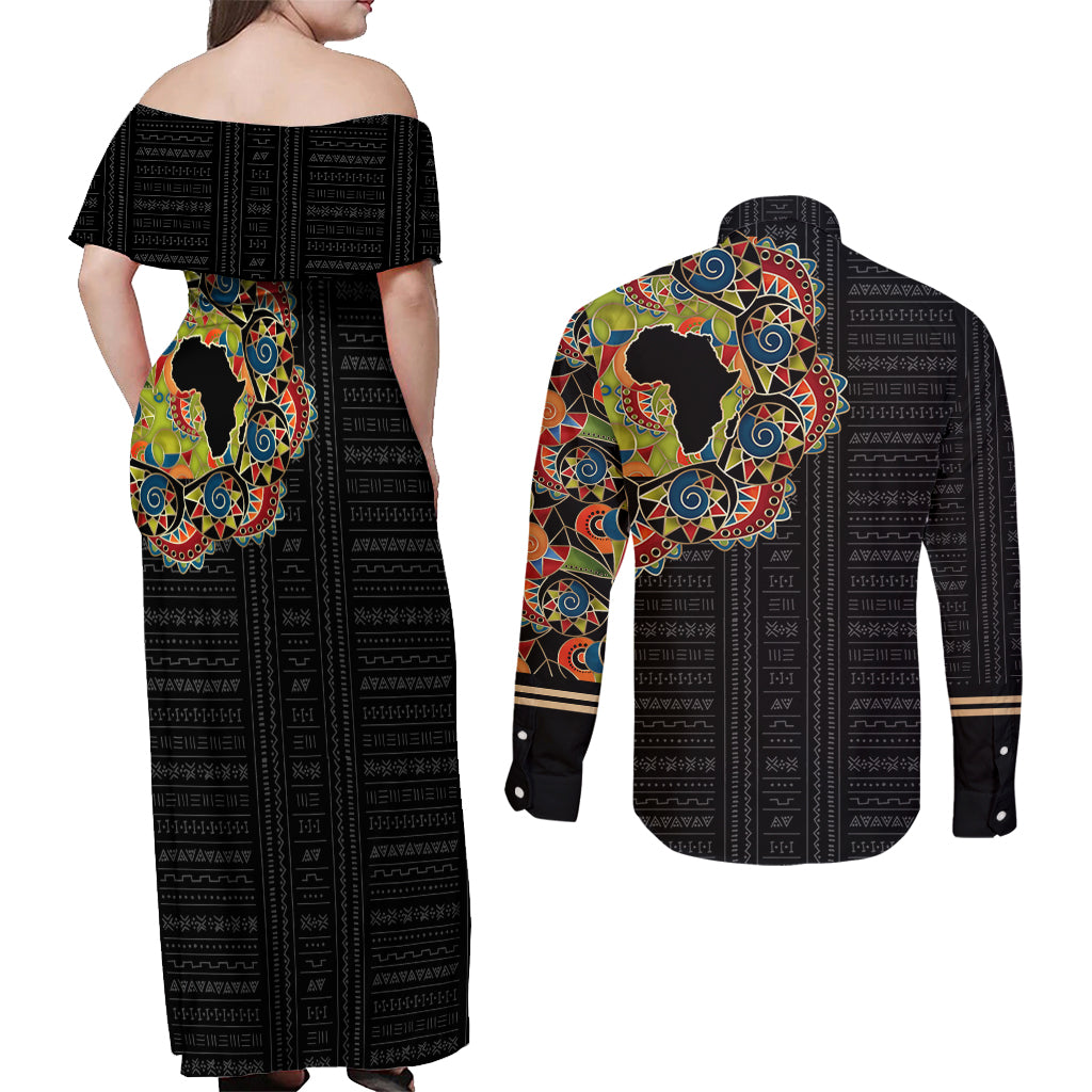 Personalized Sleeve African Pattern Couples Matching Off Shoulder Maxi Dress and Long Sleeve Button Shirt Multi-Colored - Wonder Print Shop