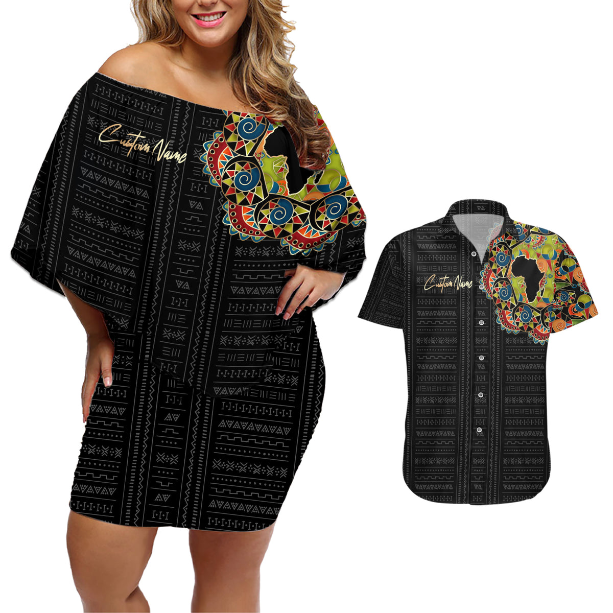 Personalized Sleeve African Pattern Couples Matching Off Shoulder Short Dress and Hawaiian Shirt Multi-Colored - Wonder Print Shop