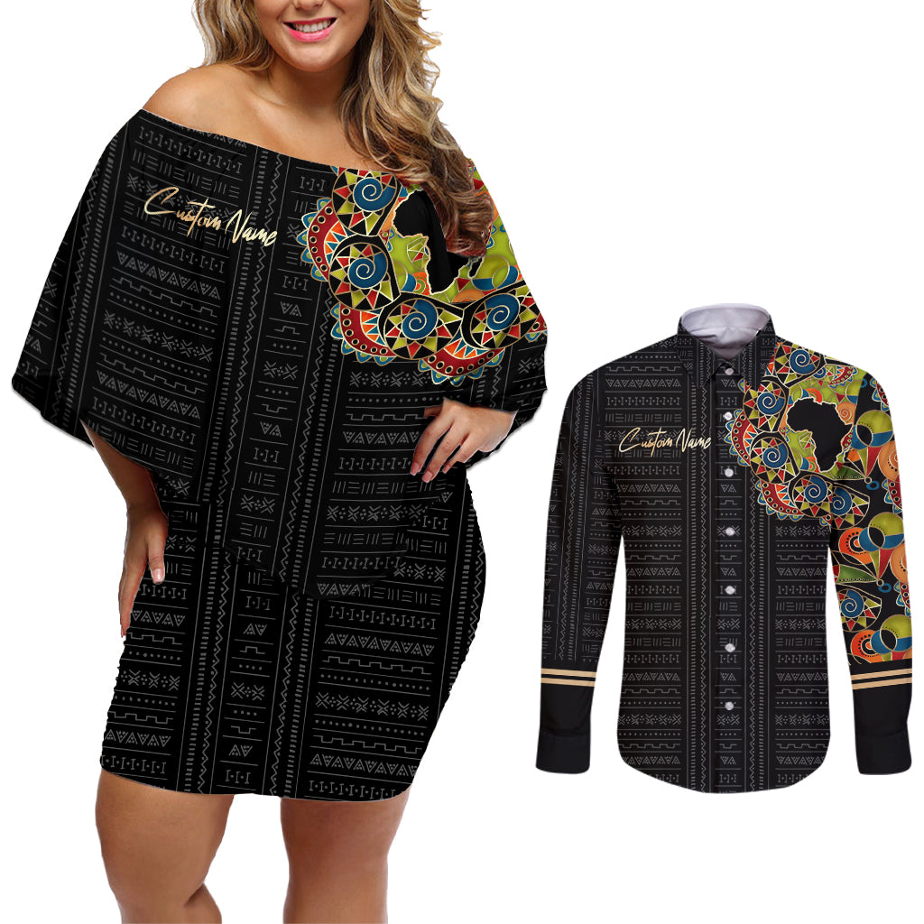 Personalized Sleeve African Pattern Couples Matching Off Shoulder Short Dress and Long Sleeve Button Shirt Multi-Colored - Wonder Print Shop