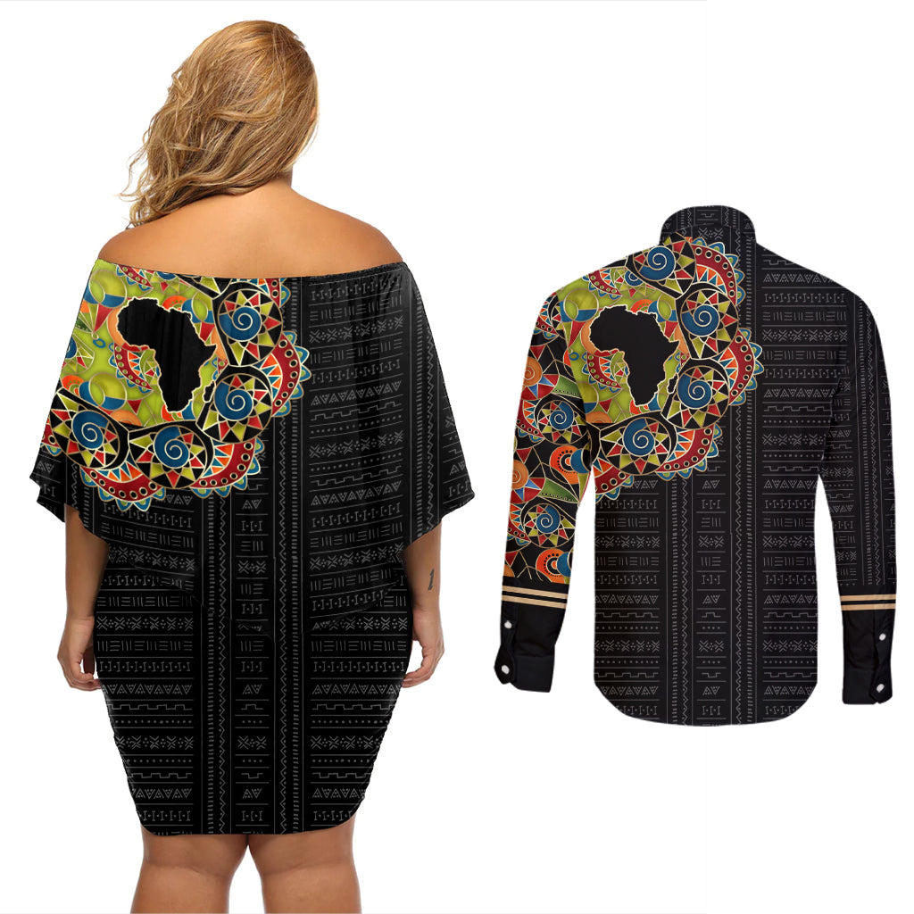 Personalized Sleeve African Pattern Couples Matching Off Shoulder Short Dress and Long Sleeve Button Shirt Multi-Colored - Wonder Print Shop
