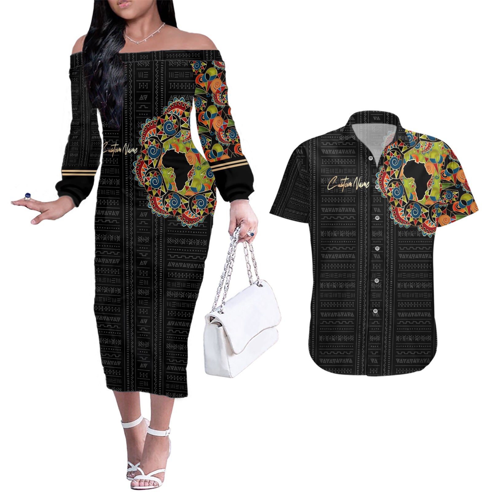 Personalized Sleeve African Pattern Couples Matching Off The Shoulder Long Sleeve Dress and Hawaiian Shirt Multi-Colored - Wonder Print Shop