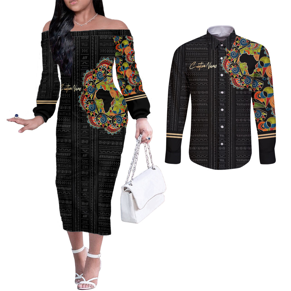 Personalized Sleeve African Pattern Couples Matching Off The Shoulder Long Sleeve Dress and Long Sleeve Button Shirt Multi-Colored