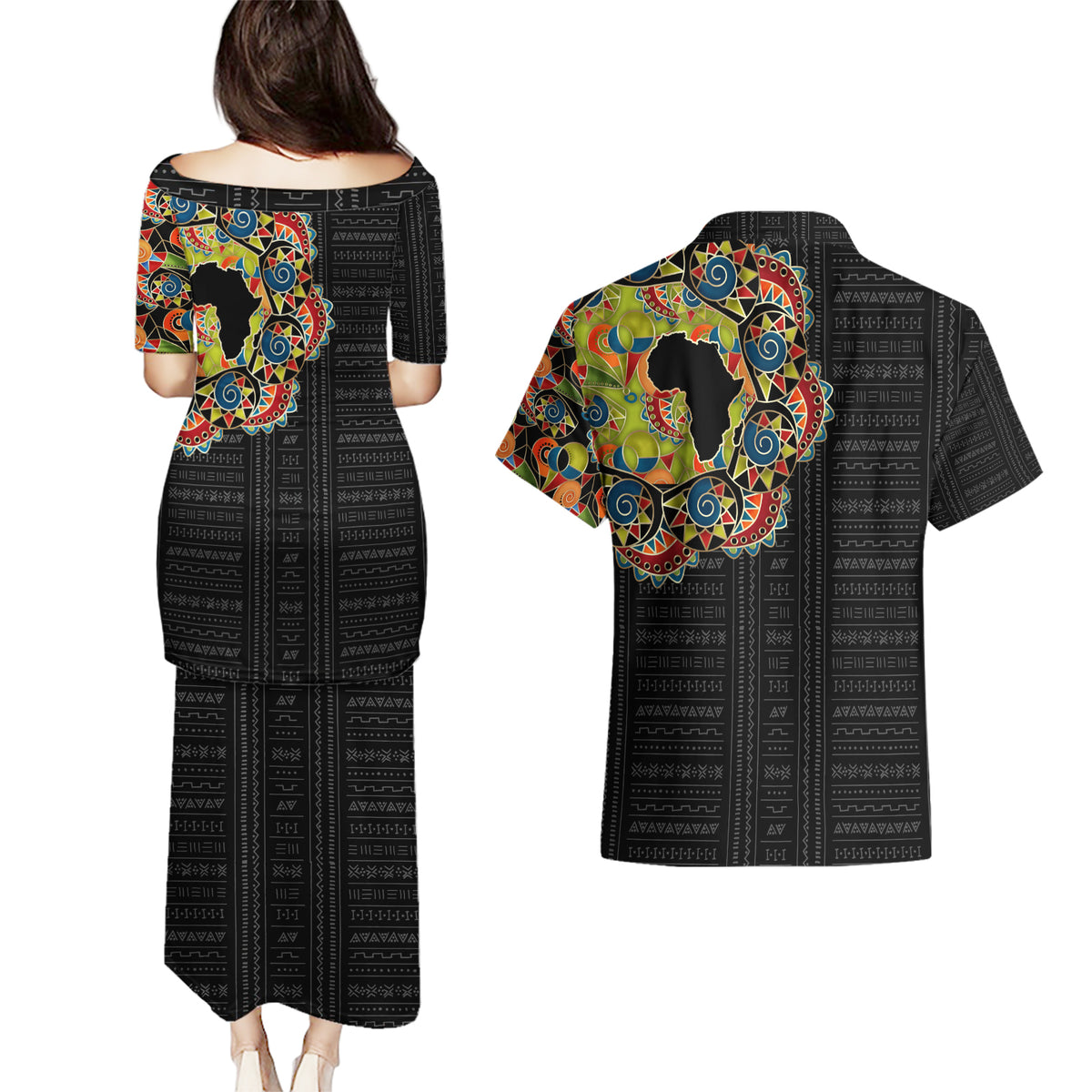 Personalized Sleeve African Pattern Couples Matching Puletasi and Hawaiian Shirt Multi-Colored - Wonder Print Shop