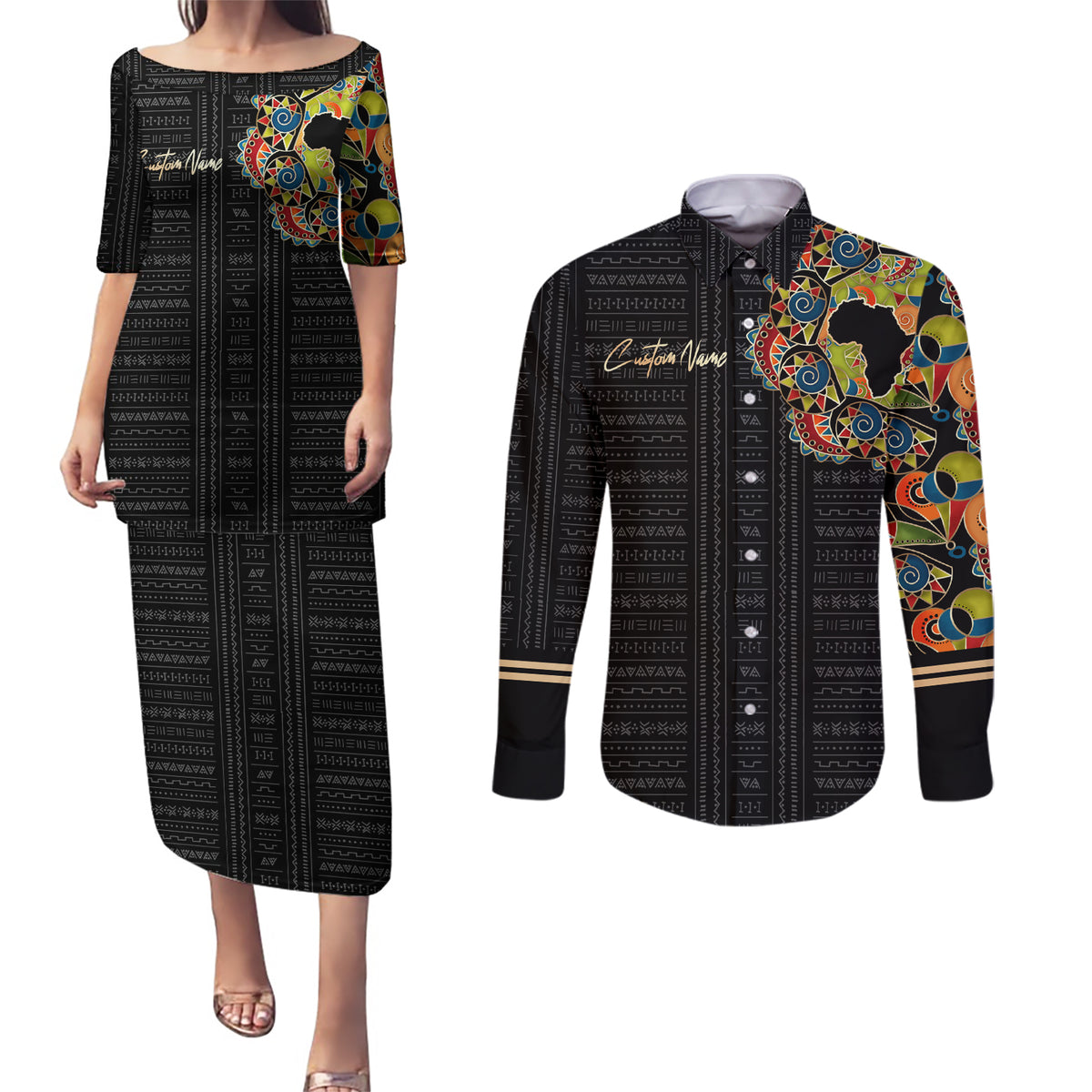 Personalized Sleeve African Pattern Couples Matching Puletasi and Long Sleeve Button Shirt Multi-Colored - Wonder Print Shop