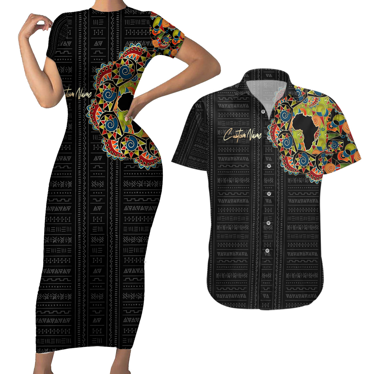 Personalized Sleeve African Pattern Couples Matching Short Sleeve Bodycon Dress and Hawaiian Shirt Multi-Colored - Wonder Print Shop
