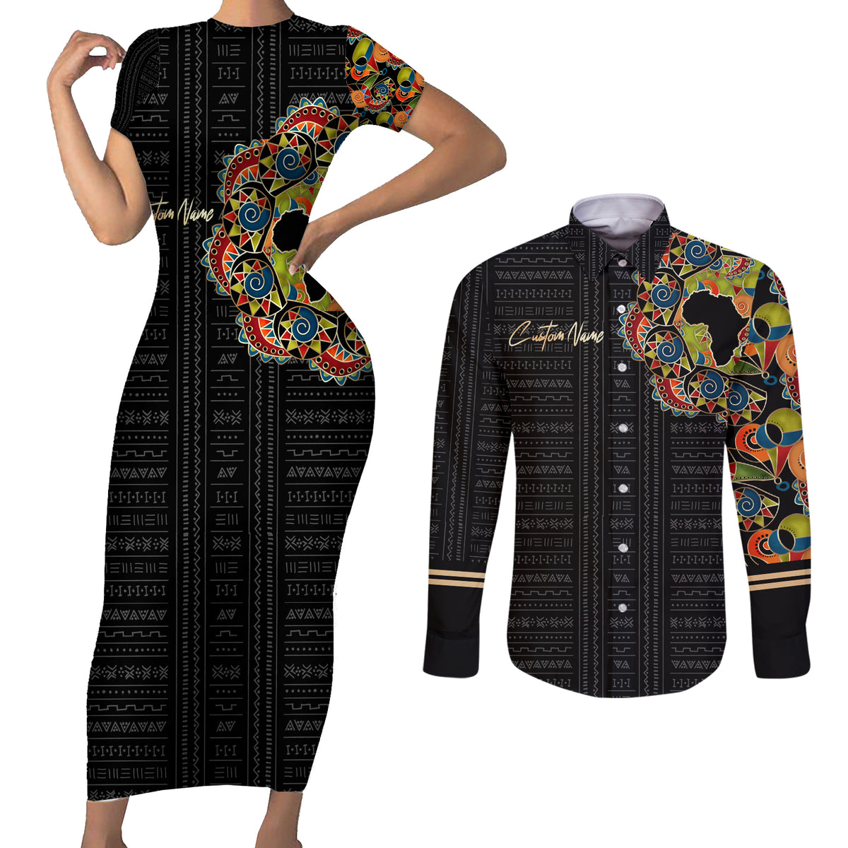 Personalized Sleeve African Pattern Couples Matching Short Sleeve Bodycon Dress and Long Sleeve Button Shirt Multi-Colored - Wonder Print Shop