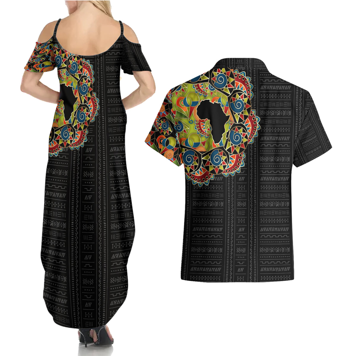 Personalized Sleeve African Pattern Couples Matching Summer Maxi Dress and Hawaiian Shirt Multi-Colored - Wonder Print Shop