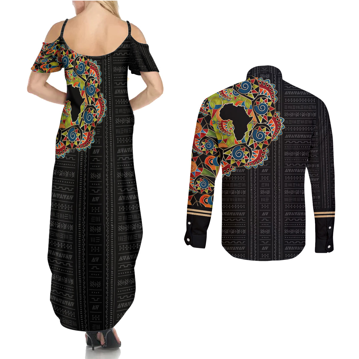 Personalized Sleeve African Pattern Couples Matching Summer Maxi Dress and Long Sleeve Button Shirt Multi-Colored - Wonder Print Shop