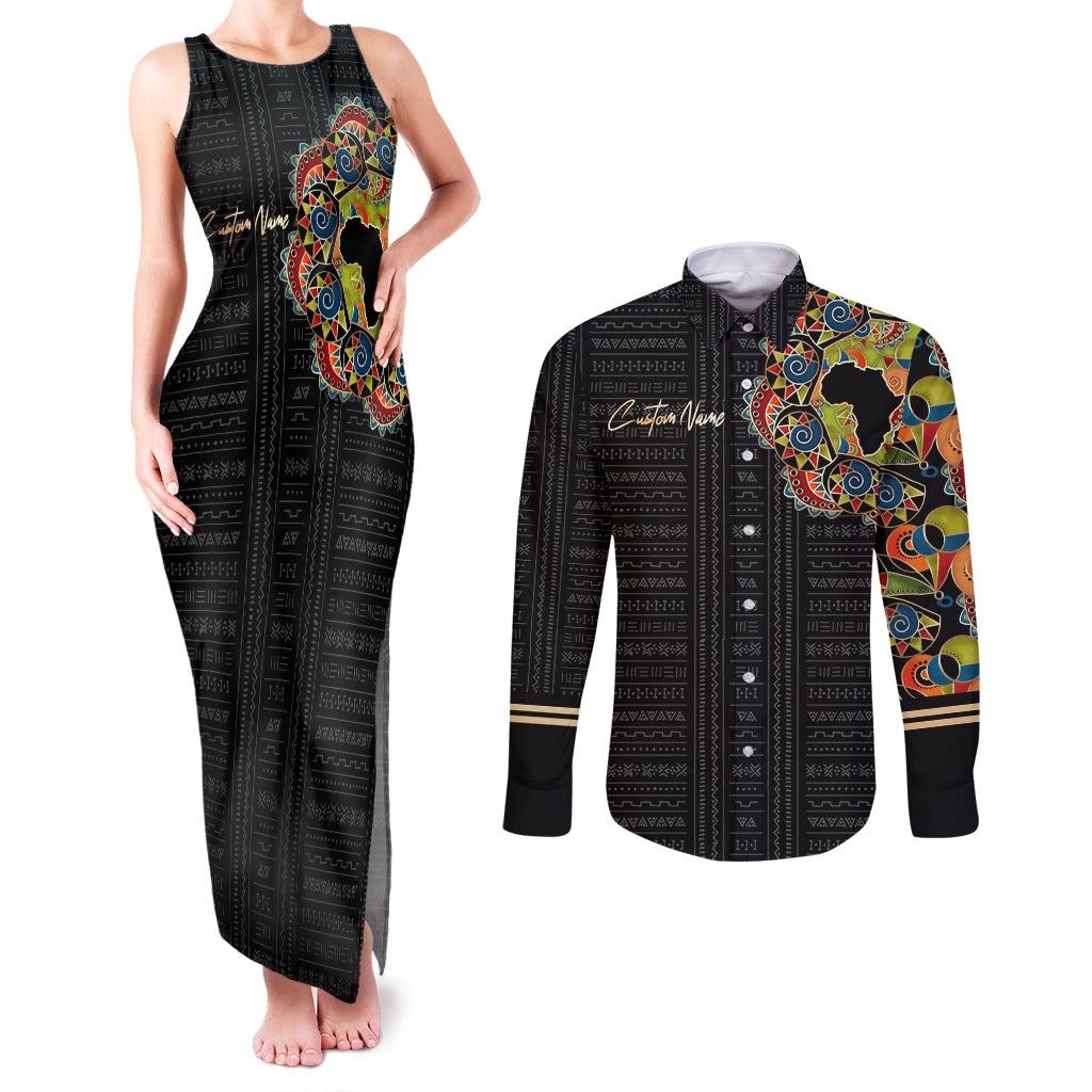 Personalized Sleeve African Pattern Couples Matching Tank Maxi Dress and Long Sleeve Button Shirt Multi-Colored - Wonder Print Shop