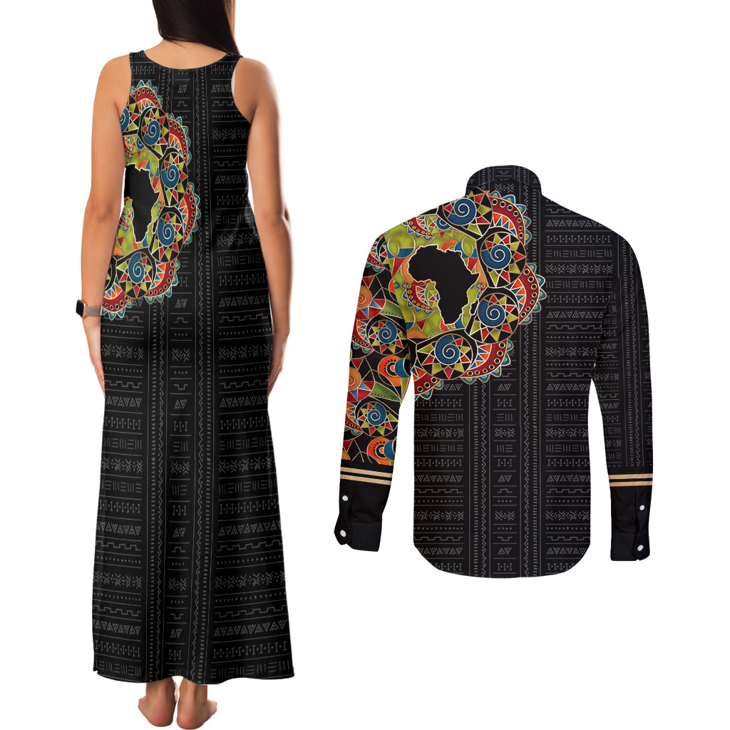 Personalized Sleeve African Pattern Couples Matching Tank Maxi Dress and Long Sleeve Button Shirt Multi-Colored - Wonder Print Shop