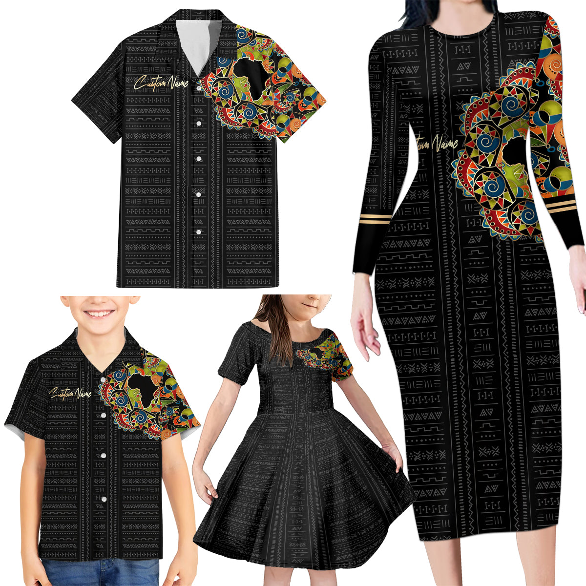 Personalized Sleeve African Pattern Family Matching Long Sleeve Bodycon Dress and Hawaiian Shirt Multi-Colored - Wonder Print Shop