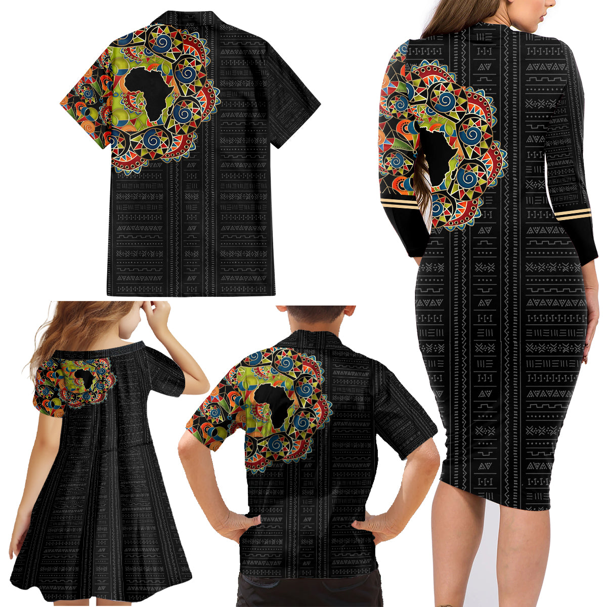 Personalized Sleeve African Pattern Family Matching Long Sleeve Bodycon Dress and Hawaiian Shirt Multi-Colored - Wonder Print Shop