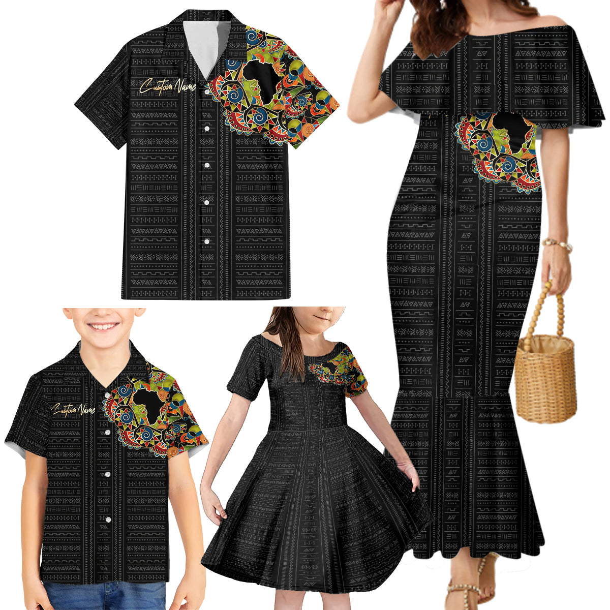 Personalized Sleeve African Pattern Family Matching Mermaid Dress and Hawaiian Shirt Multi-Colored - Wonder Print Shop