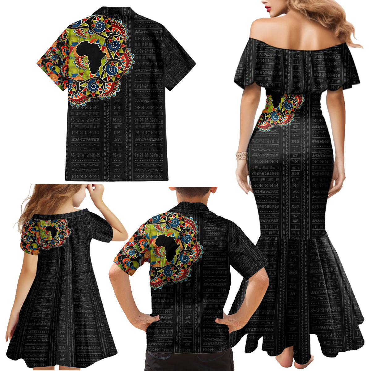 Personalized Sleeve African Pattern Family Matching Mermaid Dress and Hawaiian Shirt Multi-Colored - Wonder Print Shop