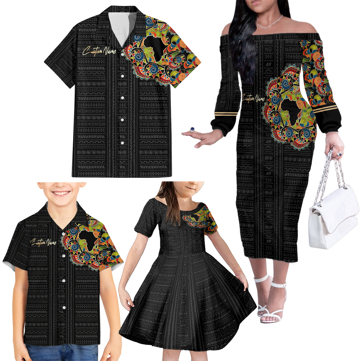 Personalized Sleeve African Pattern Family Matching Off Shoulder Long Sleeve Dress and Hawaiian Shirt Multi-Colored - Wonder Print Shop