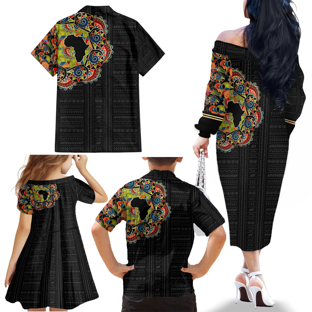 Personalized Sleeve African Pattern Family Matching Off Shoulder Long Sleeve Dress and Hawaiian Shirt Multi-Colored - Wonder Print Shop