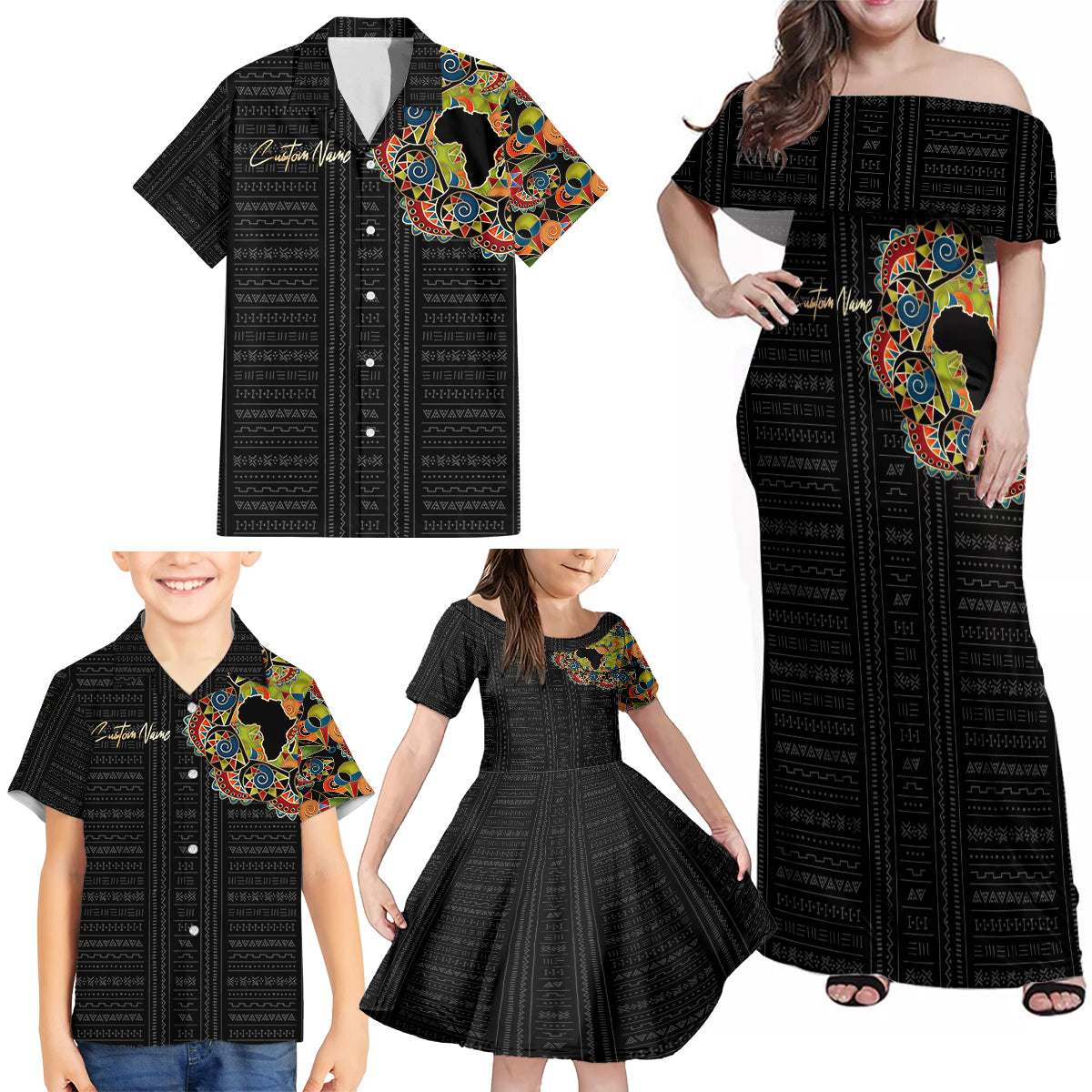 Personalized Sleeve African Pattern Family Matching Off Shoulder Maxi Dress and Hawaiian Shirt Multi-Colored - Wonder Print Shop