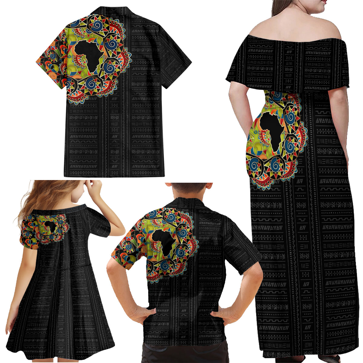 Personalized Sleeve African Pattern Family Matching Off Shoulder Maxi Dress and Hawaiian Shirt Multi-Colored - Wonder Print Shop