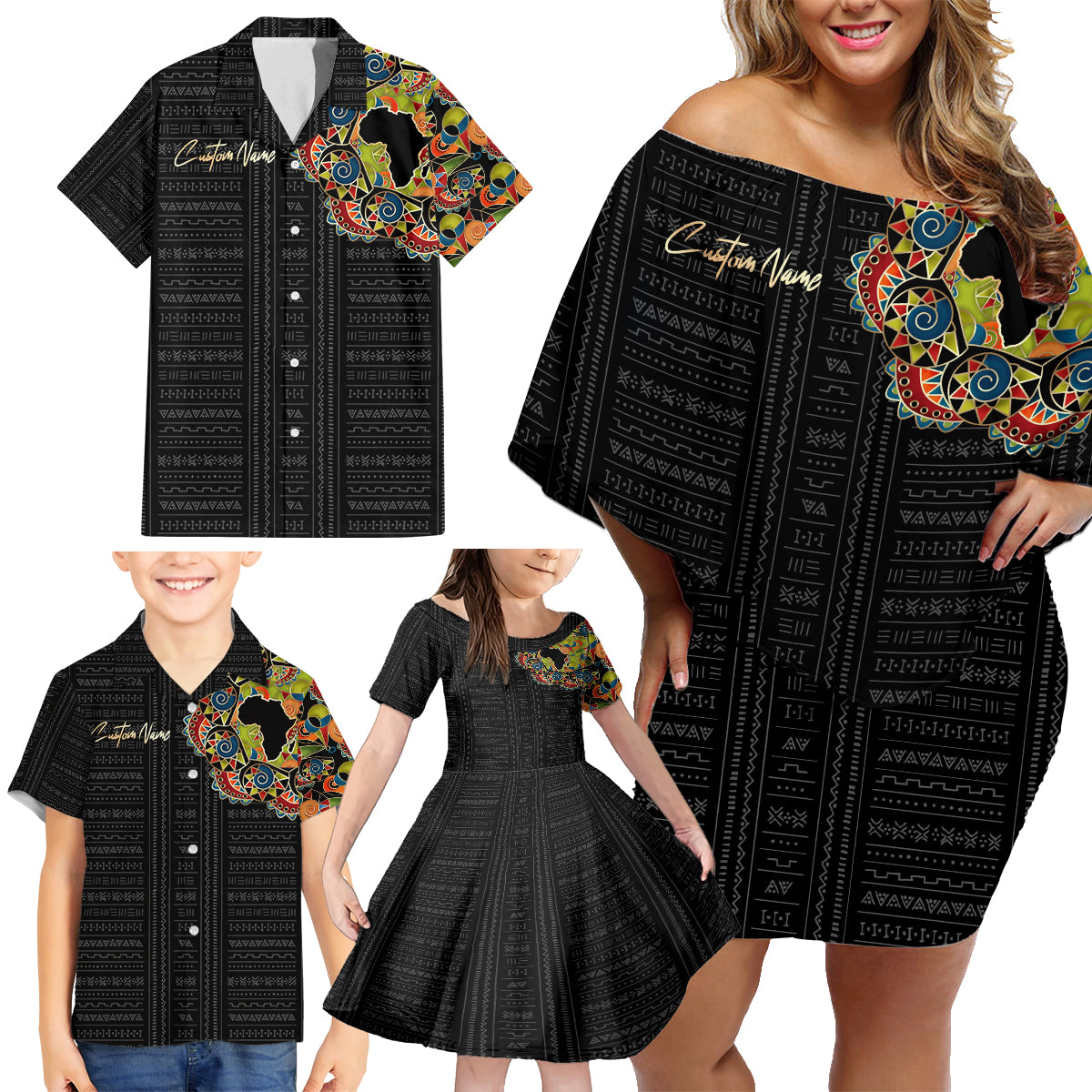 Personalized Sleeve African Pattern Family Matching Off Shoulder Short Dress and Hawaiian Shirt Multi-Colored - Wonder Print Shop