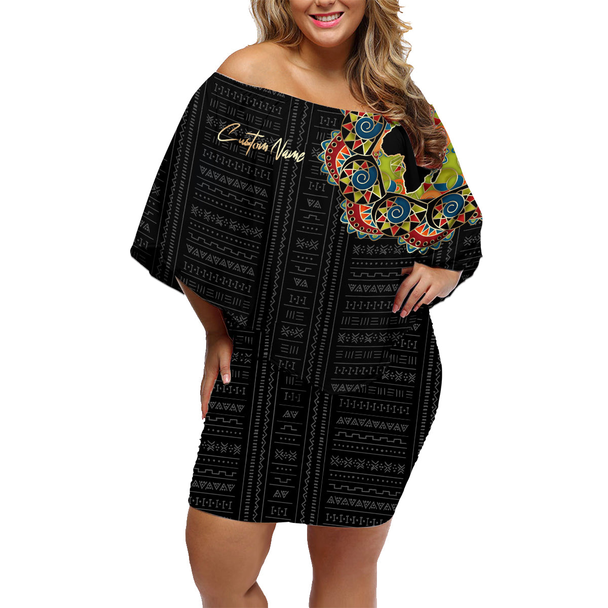 Personalized Sleeve African Pattern Family Matching Off Shoulder Short Dress and Hawaiian Shirt Multi-Colored - Wonder Print Shop