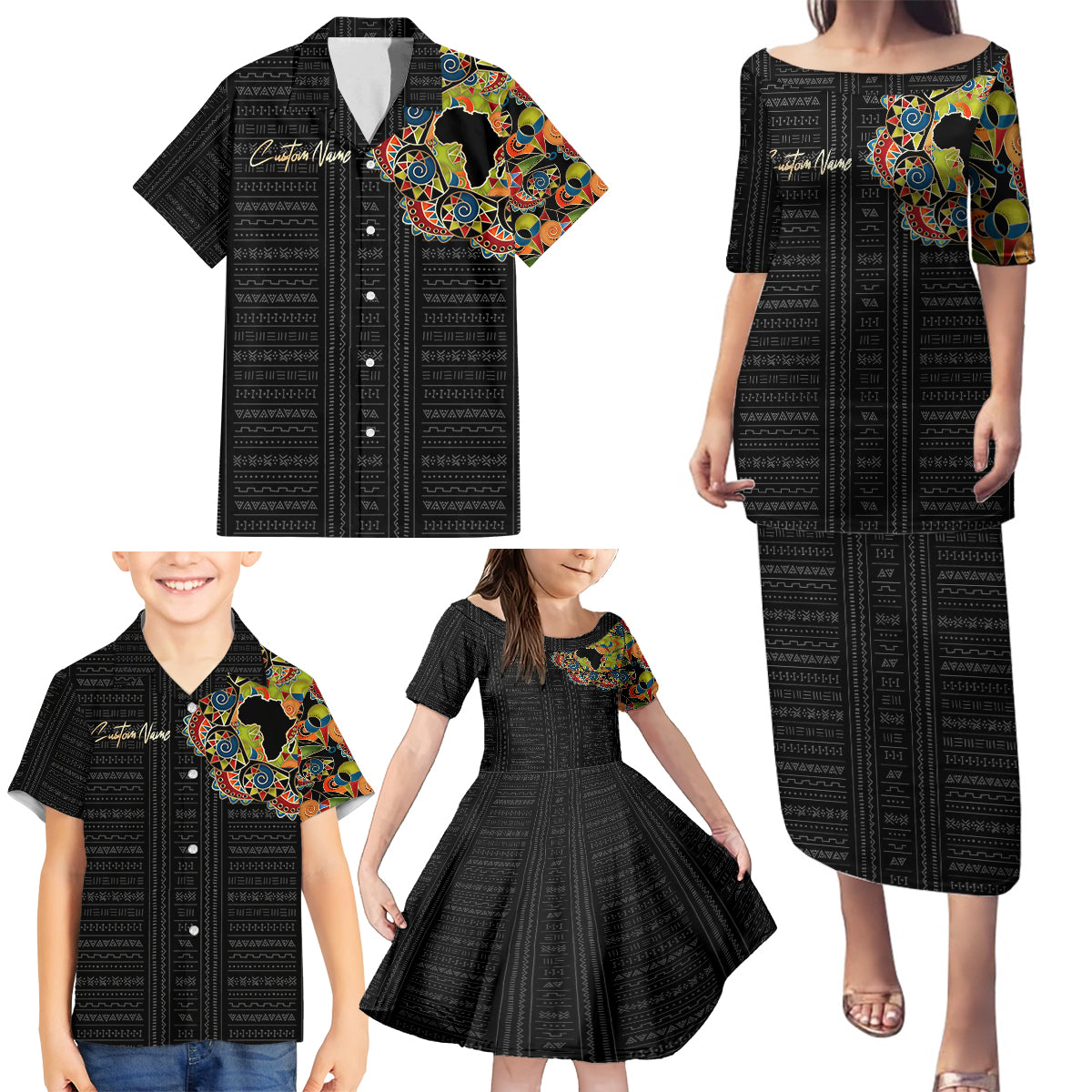 Personalized Sleeve African Pattern Family Matching Puletasi and Hawaiian Shirt Multi-Colored - Wonder Print Shop