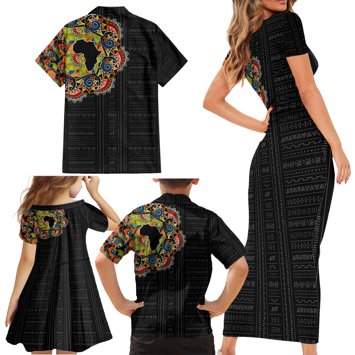 Personalized Sleeve African Pattern Family Matching Short Sleeve Bodycon Dress and Hawaiian Shirt Multi-Colored - Wonder Print Shop