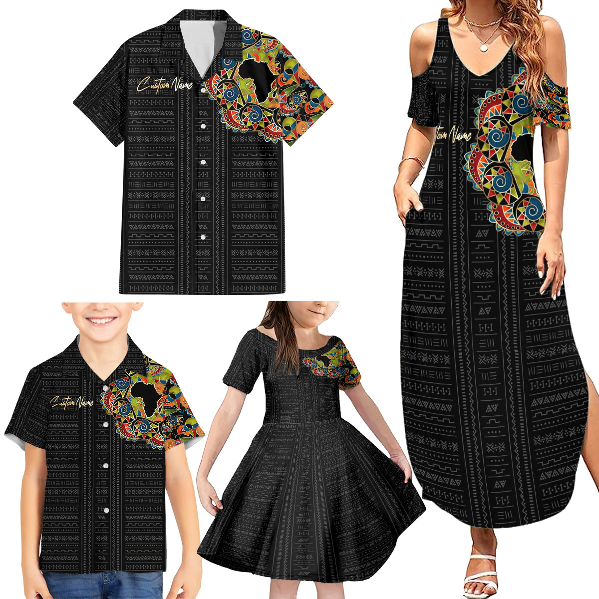Personalized Sleeve African Pattern Family Matching Summer Maxi Dress and Hawaiian Shirt Multi-Colored - Wonder Print Shop