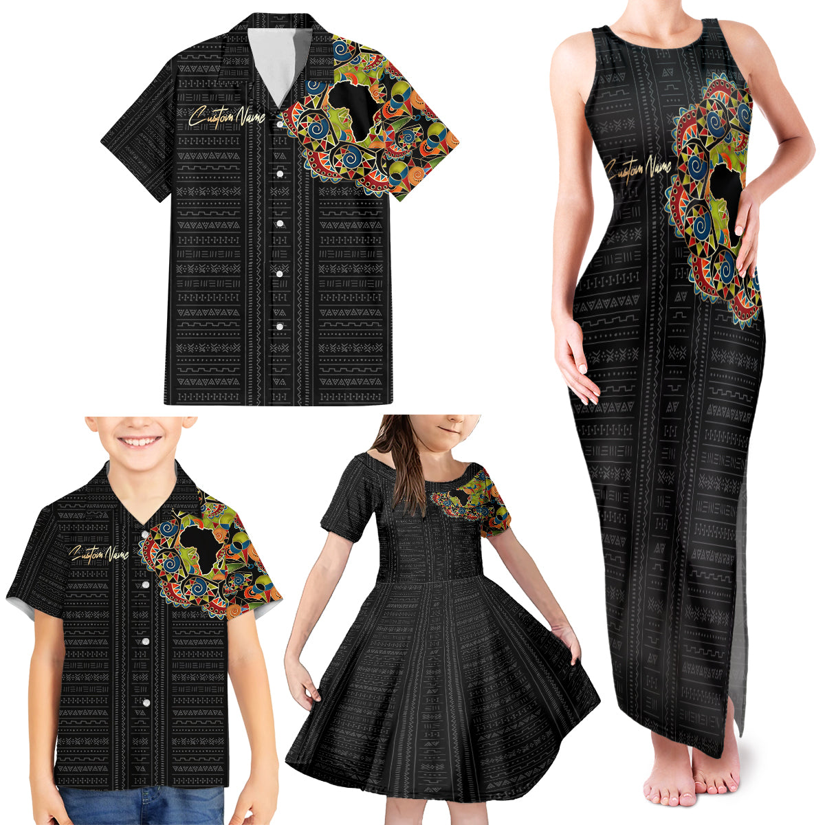 Personalized Sleeve African Pattern Family Matching Tank Maxi Dress and Hawaiian Shirt Multi-Colored - Wonder Print Shop