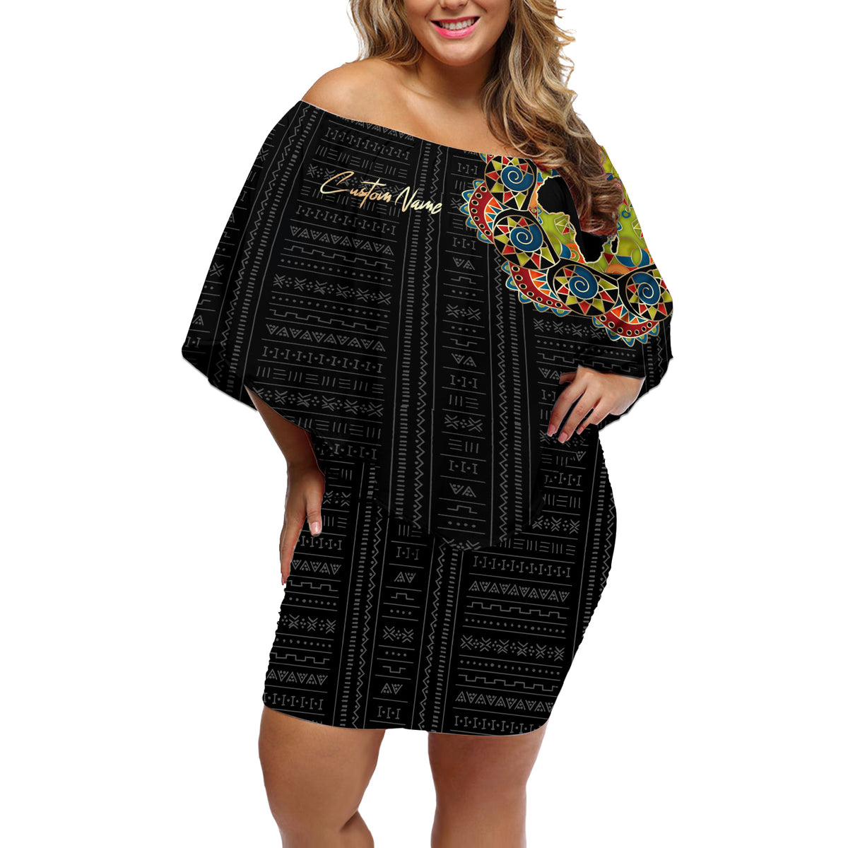 Personalized Sleeve African Pattern Off Shoulder Short Dress Multi-Colored - Wonder Print Shop