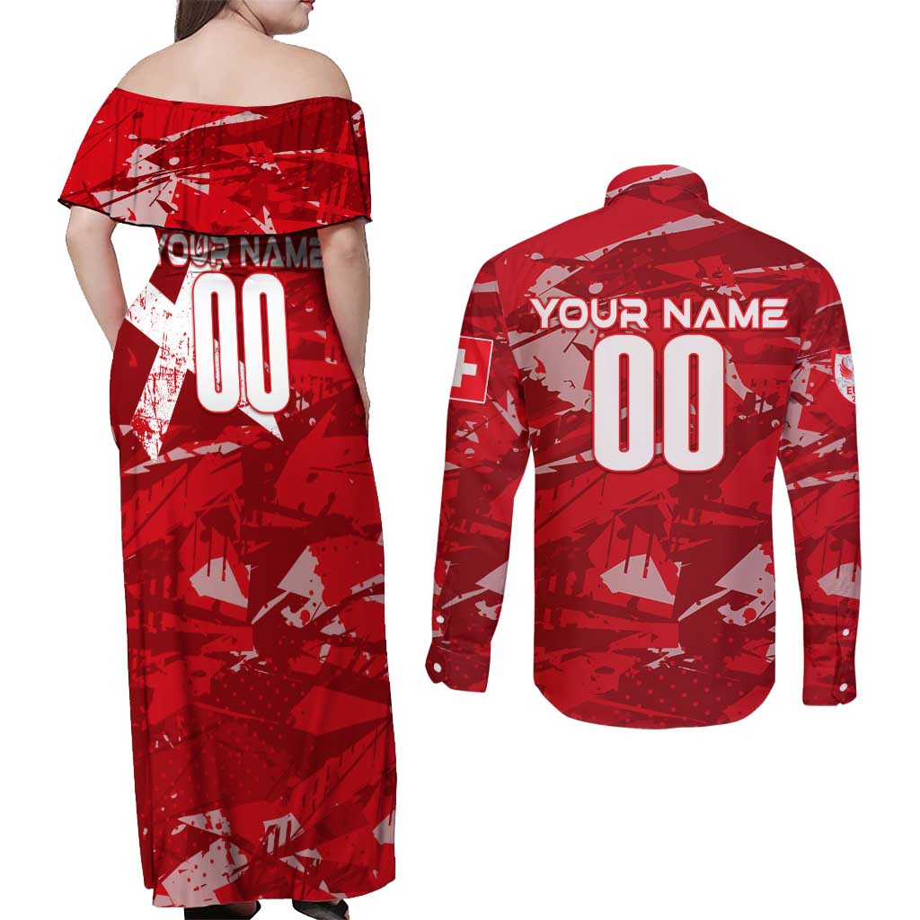 Personalized Switzerland Football 2024 Couples Matching Off Shoulder Maxi Dress and Long Sleeve Button Shirt Trophy Wing Style - Wonder Print Shop