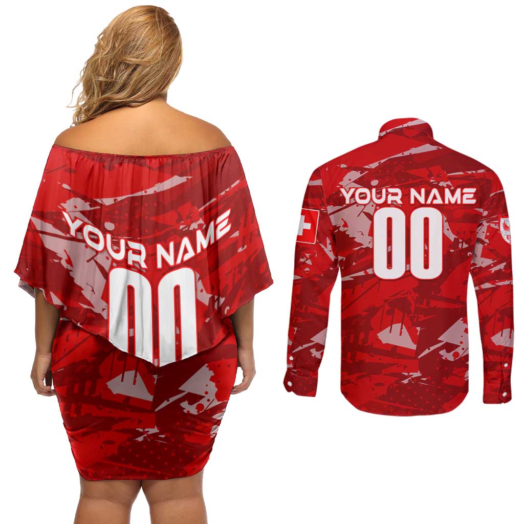 Personalized Switzerland Football 2024 Couples Matching Off Shoulder Short Dress and Long Sleeve Button Shirt Trophy Wing Style - Wonder Print Shop