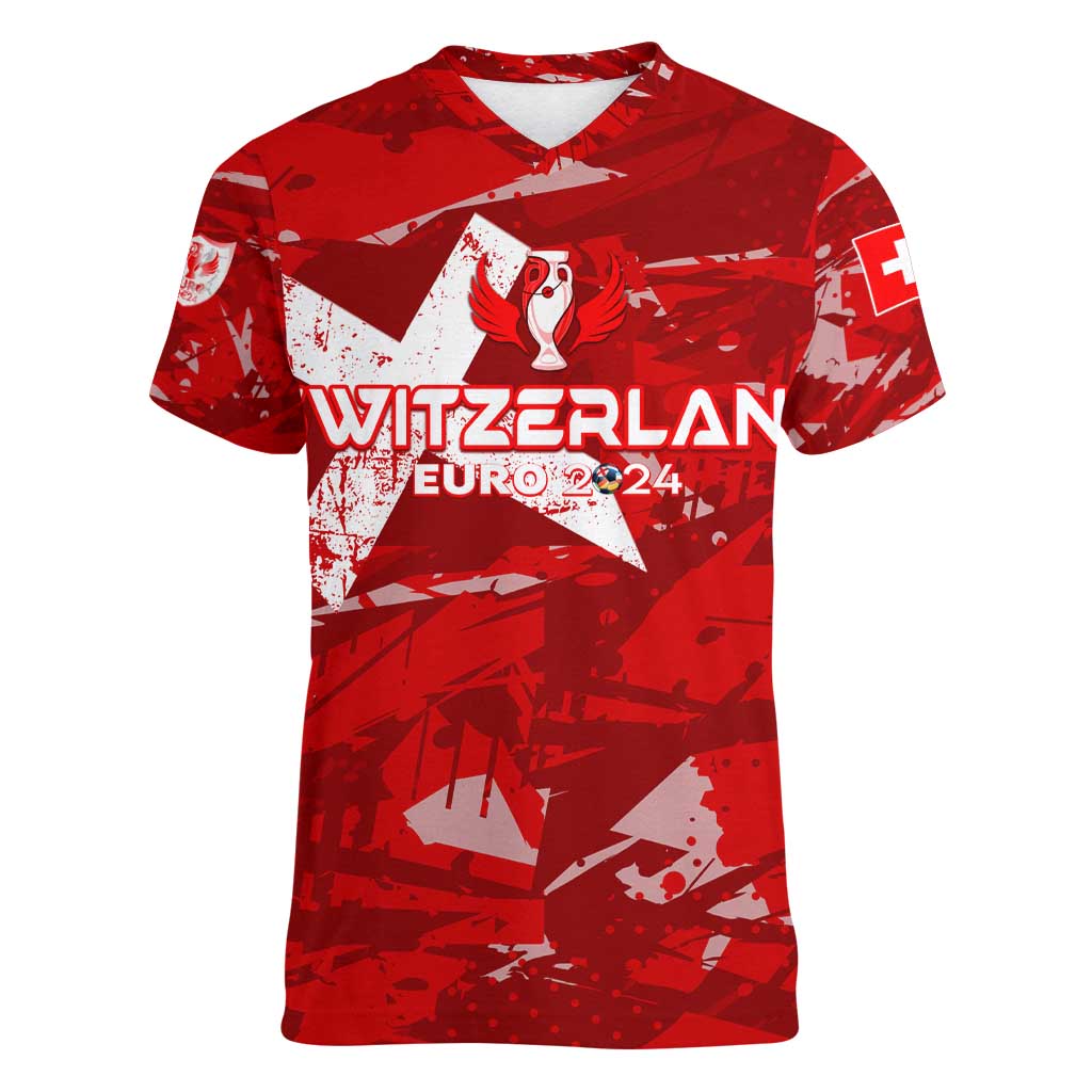 Personalized Switzerland Football 2024 Women V-Neck T-Shirt Trophy Wing Style - Wonder Print Shop