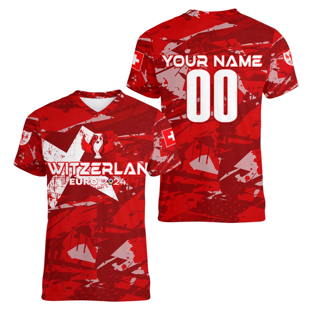 Personalized Switzerland Football 2024 Women V-Neck T-Shirt Trophy Wing Style - Wonder Print Shop